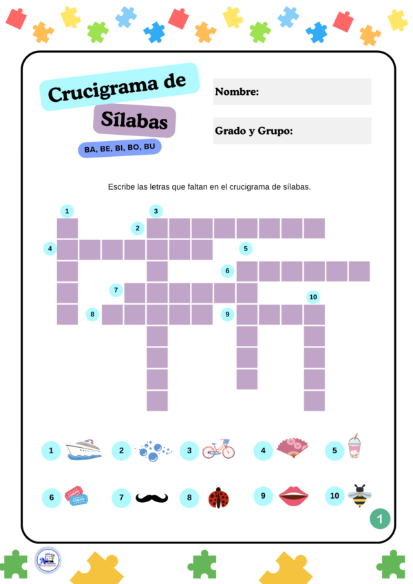 Cuadernillo de crucigramas  De Sílabas, para niños.